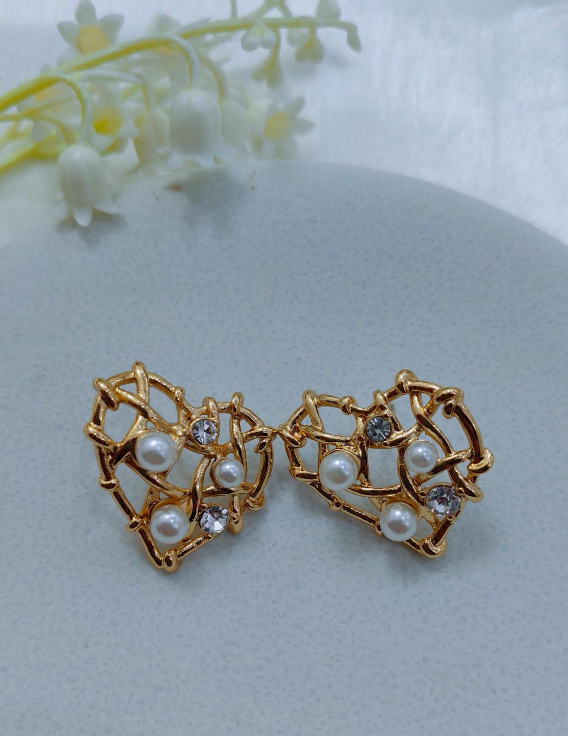 Gold Heart Pearl Earrings